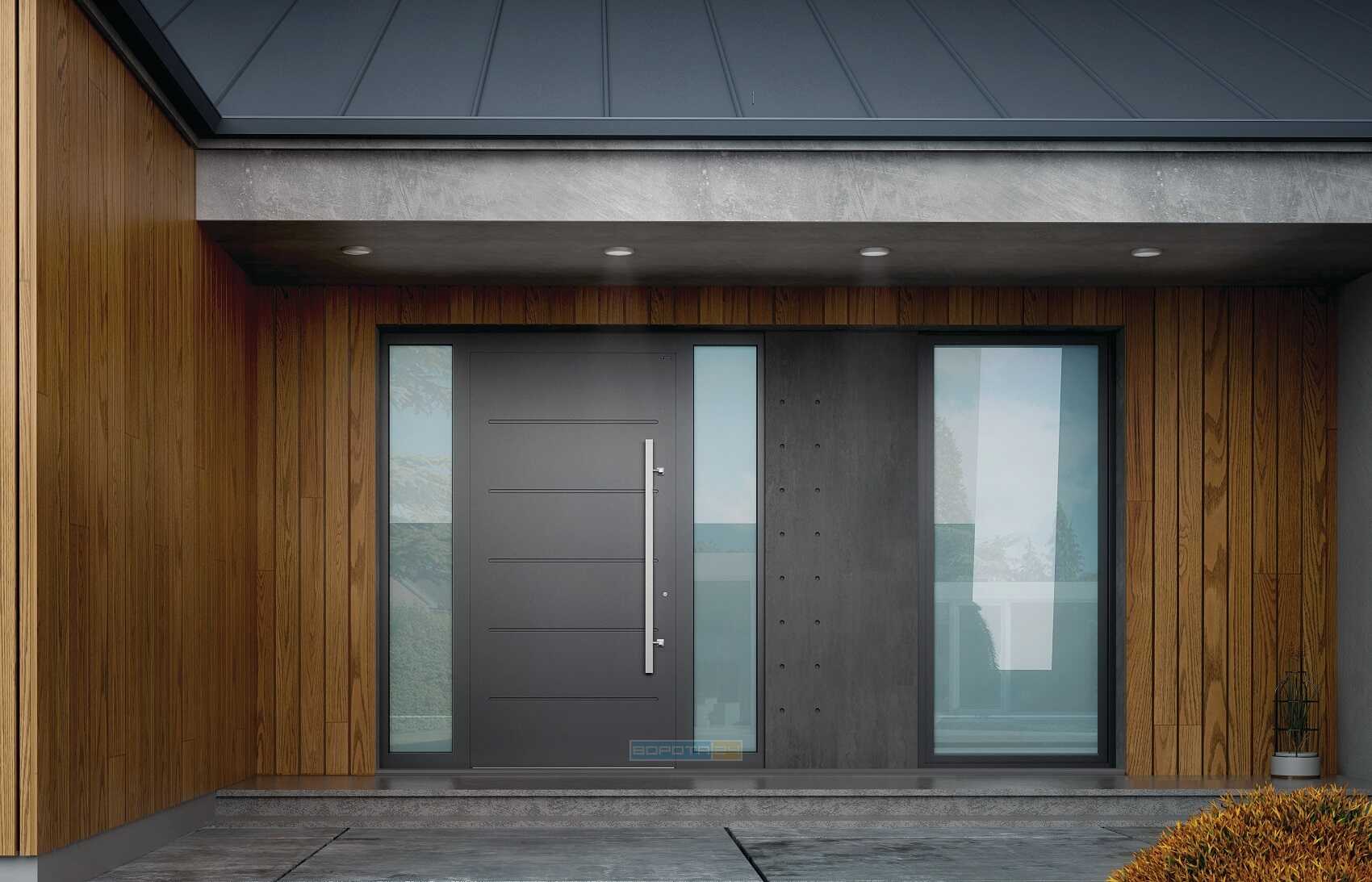 Теплые двери со стеклом и боковой фрамугой - уличные наружные алюминиевые входные группы в частный дом