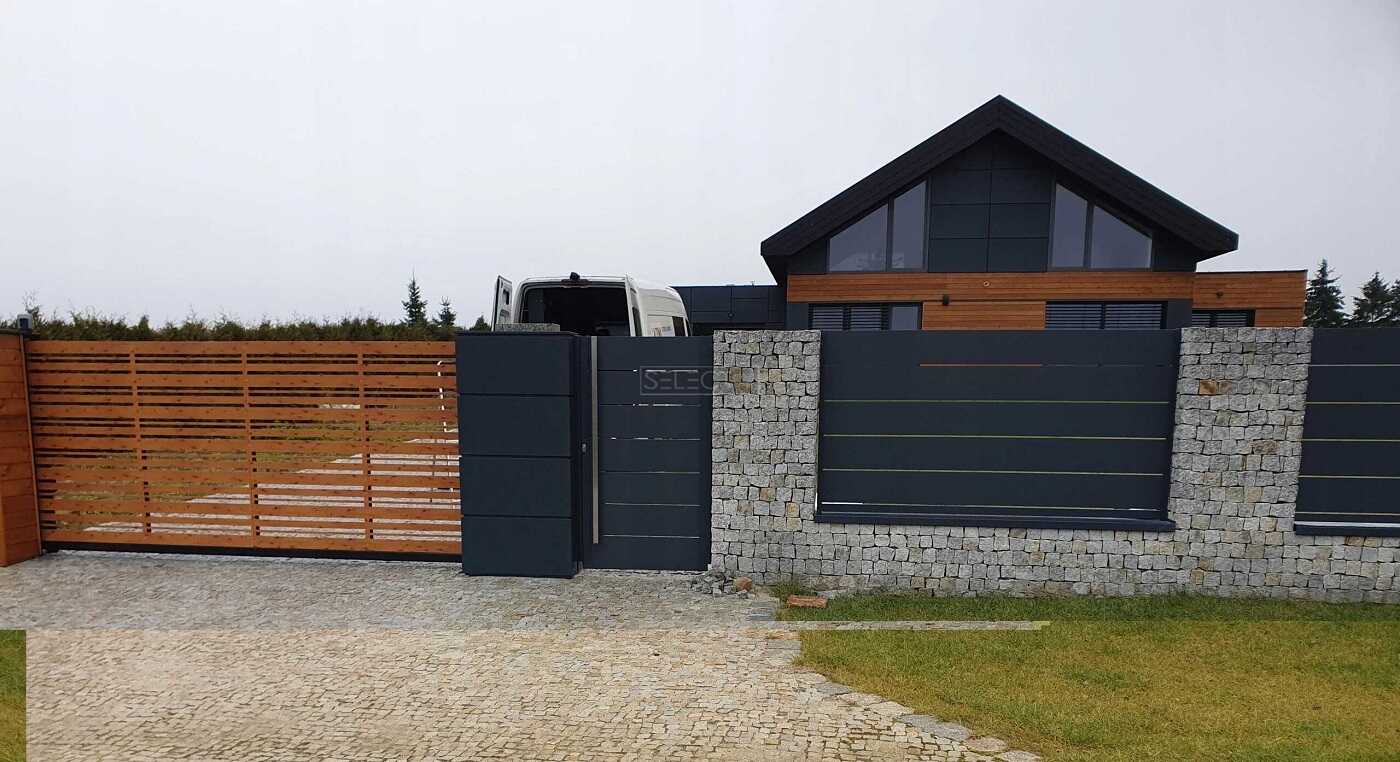 современный забор и ворота откатные для дома - металлические секции оцинкованные от производителя SELECT серия WOOD LINE 