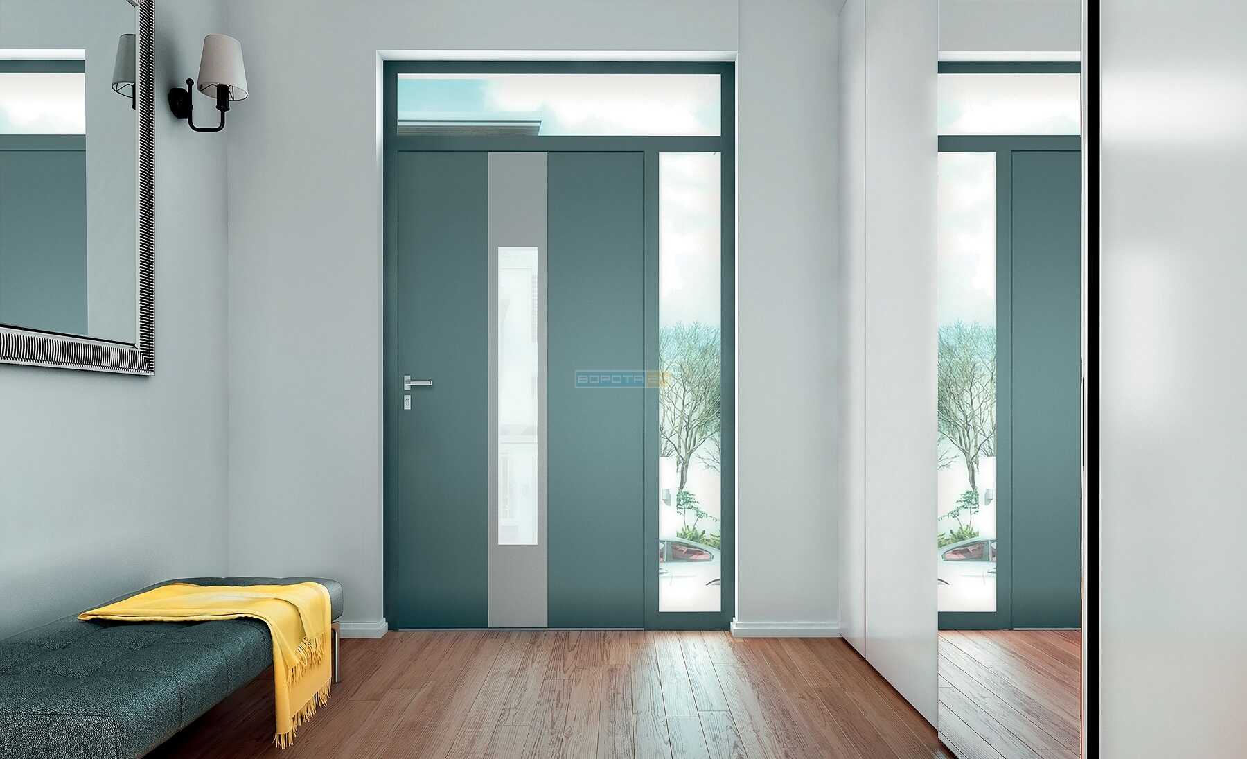 двери входные в дом с фрамугой широкие створки со стеклом, полуторные - алюминиевый профиль WISNIOWSKI